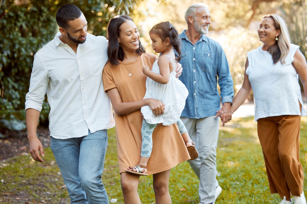 Intergenerational family walking in a park
